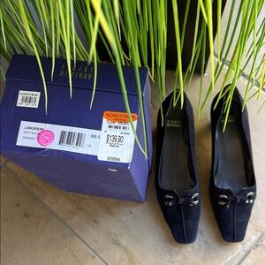 Stuart Weitzman Linkspere Dark Navy Square Toe Suede Kitten Heels Size 8 1/2